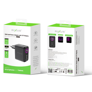 Adaptador de alimentação Rixus RXHC50 GaN com ecrã TFT 70 W cinzento espacial