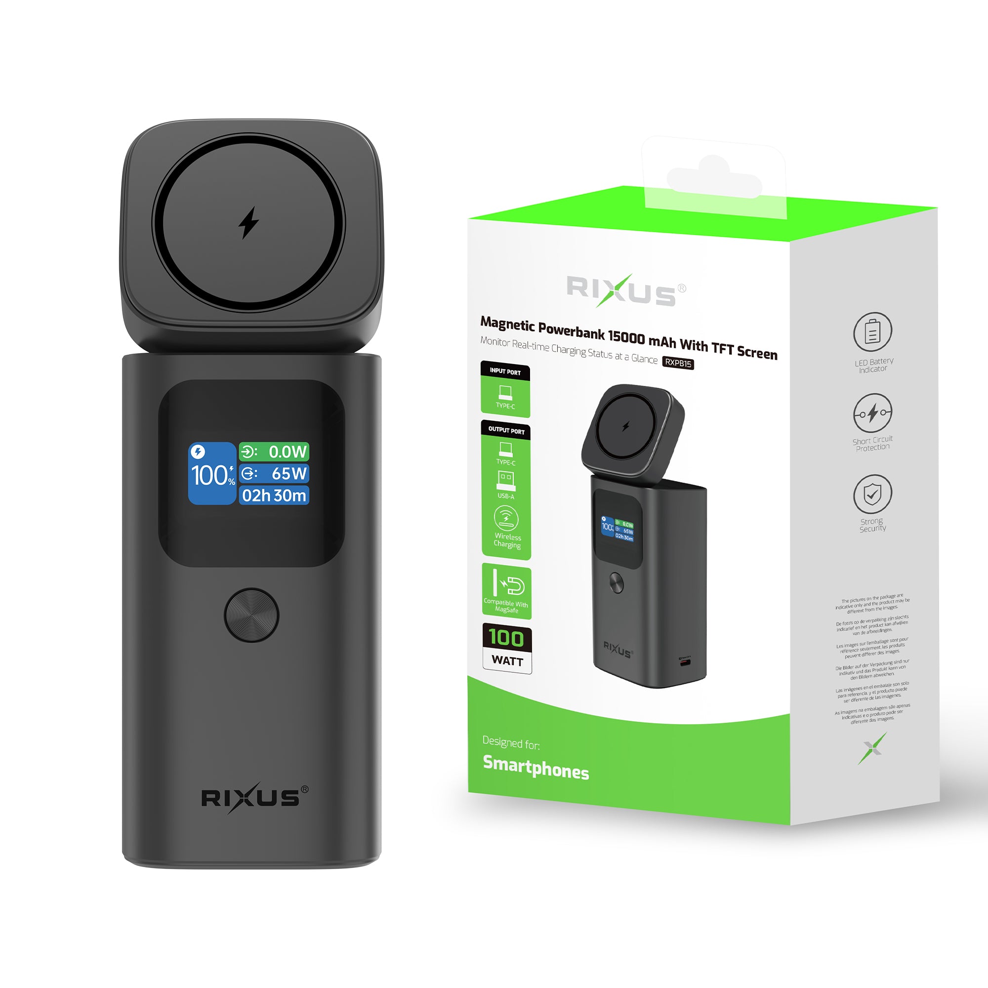 Carregador portátil magnético Rixus RXPB15 com ecrã TFT 15000 mAh 100 W Cinza escuro