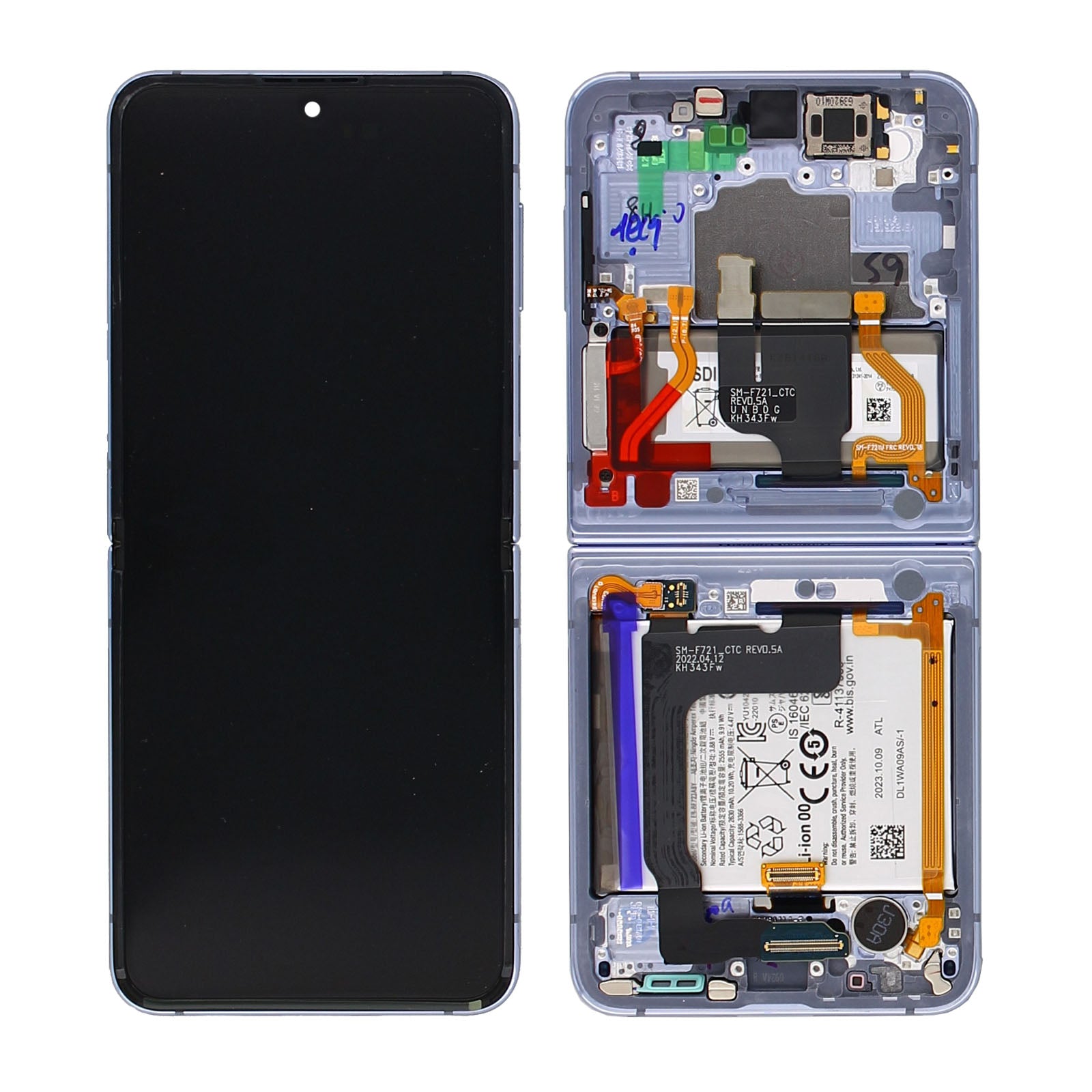 Samsung Galaxy Z Flip4 F721B Ecrã principal e digitalizador com moldura azul Pacote de serviço
