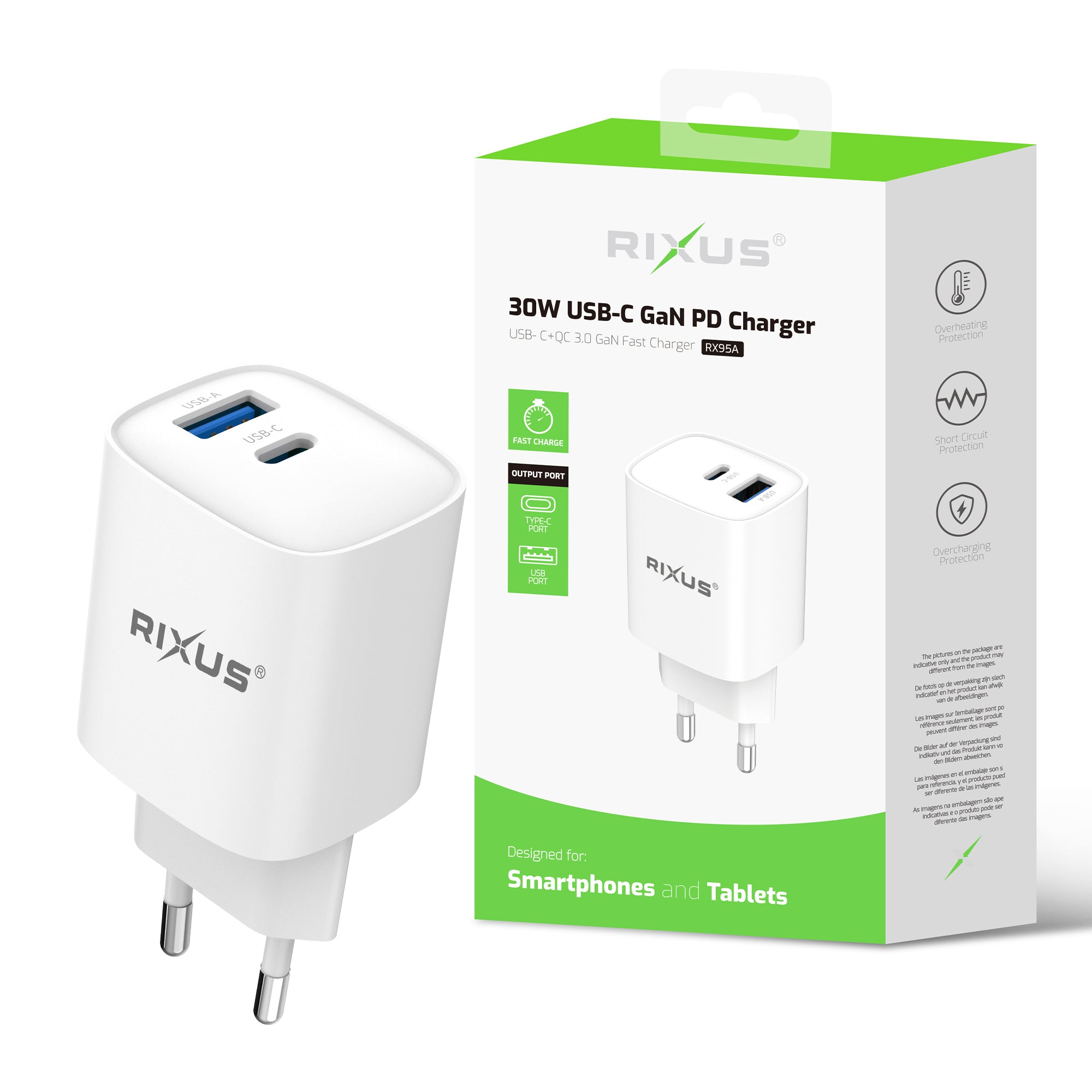 Carregador PD Rixus RX95A USB-C GaN 30W Branco