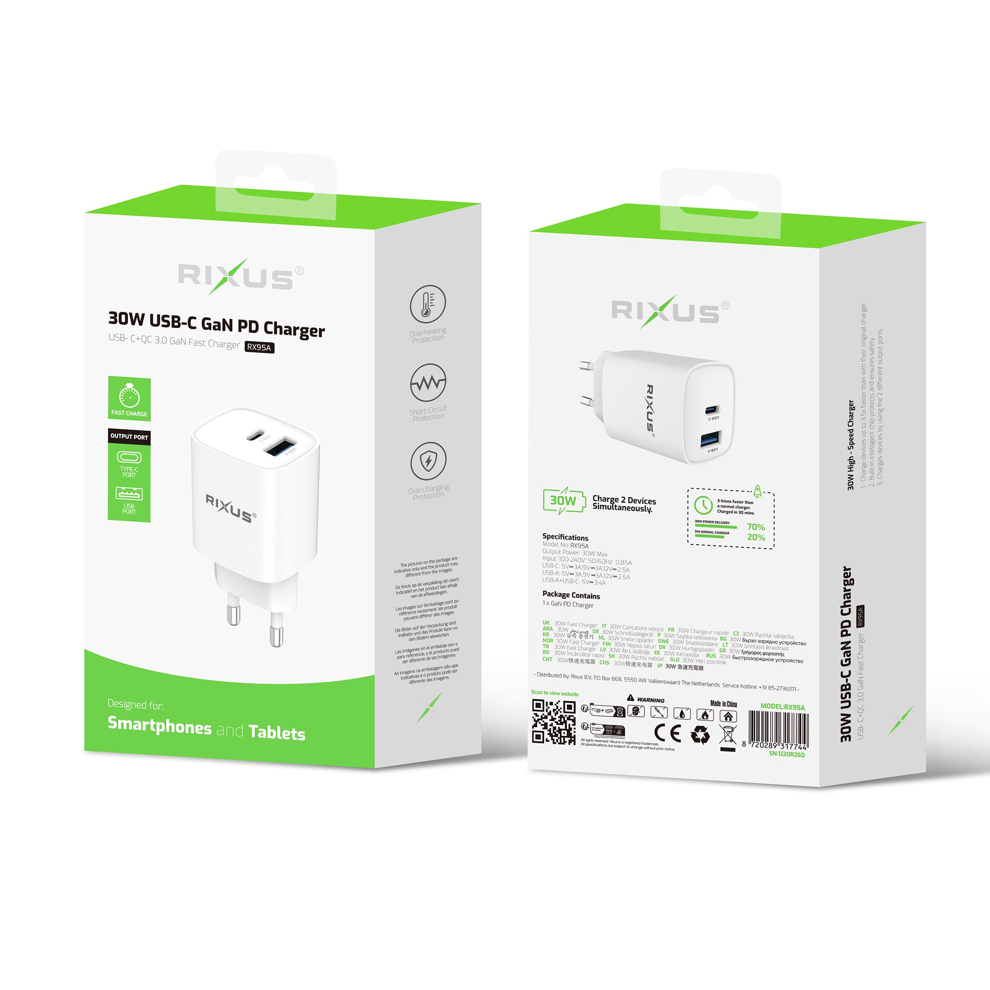 Carregador PD Rixus RX95A USB-C GaN 30W Branco