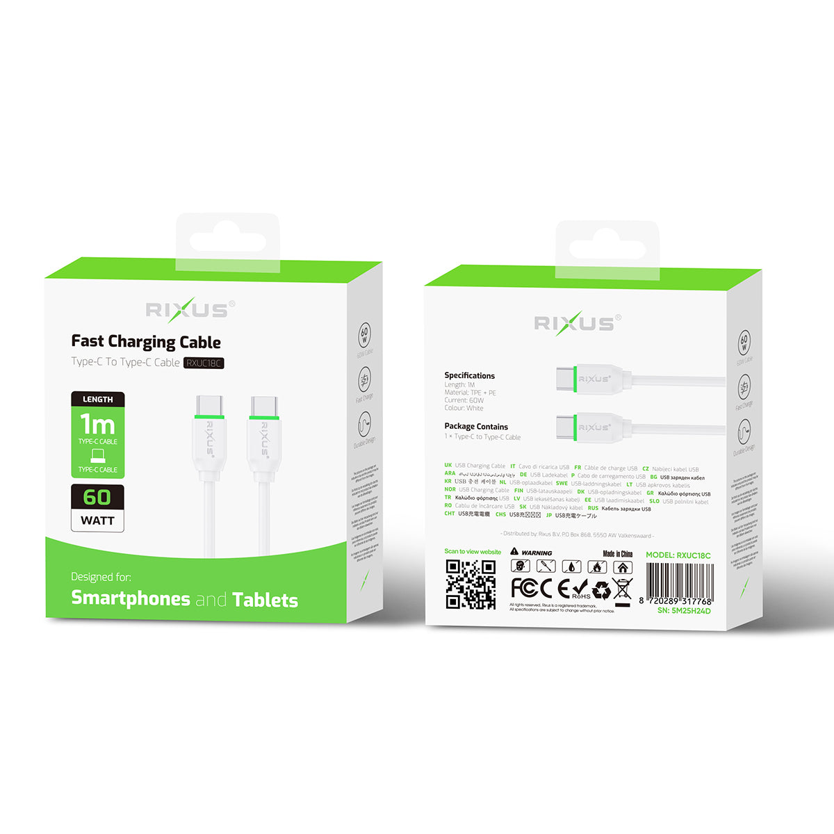 Cabo USB-C para USB-C de carregamento rápido Rixus RXUC18C Branco