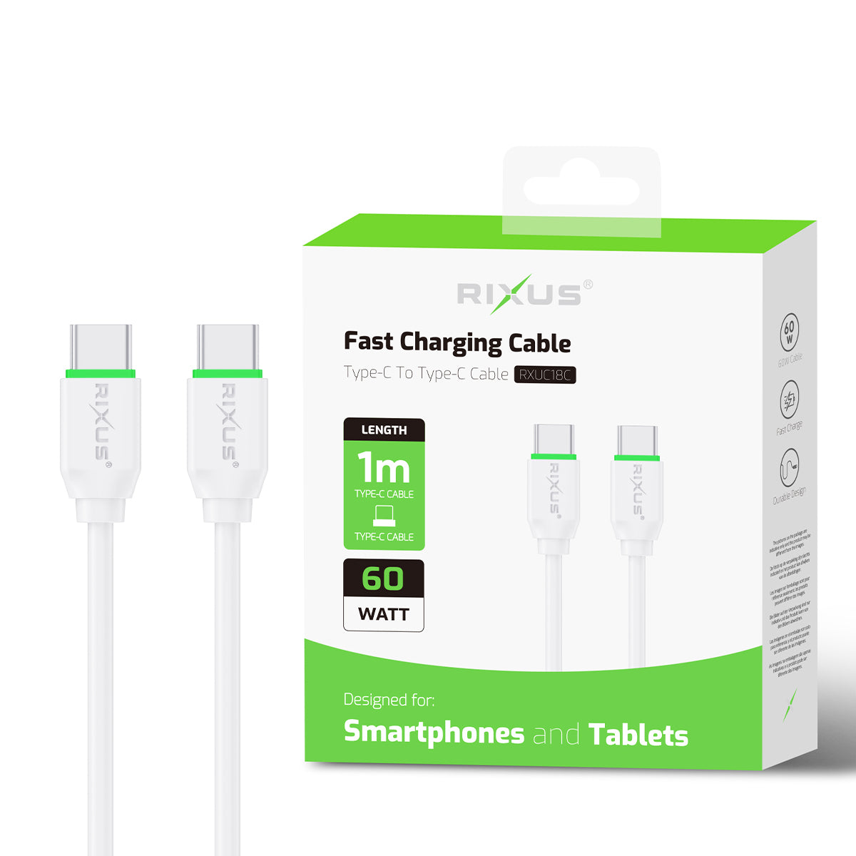 Cabo USB-C para USB-C de carregamento rápido Rixus RXUC18C Branco