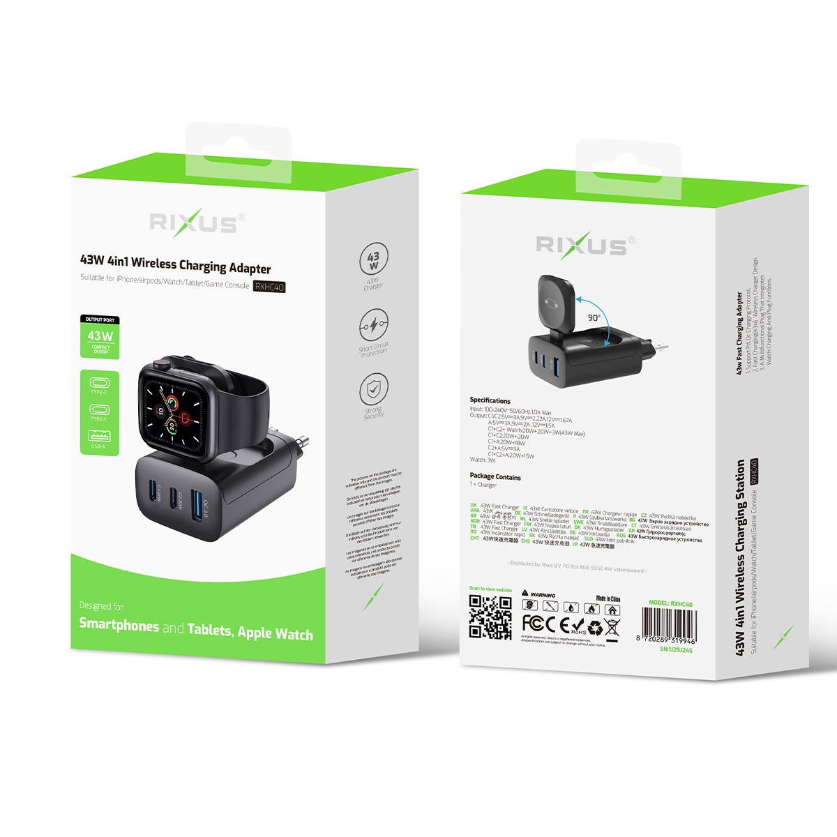Bloco de carregamento Rixus RXHC40 43W For Apple iWatch, iPhone, Airpods Preto