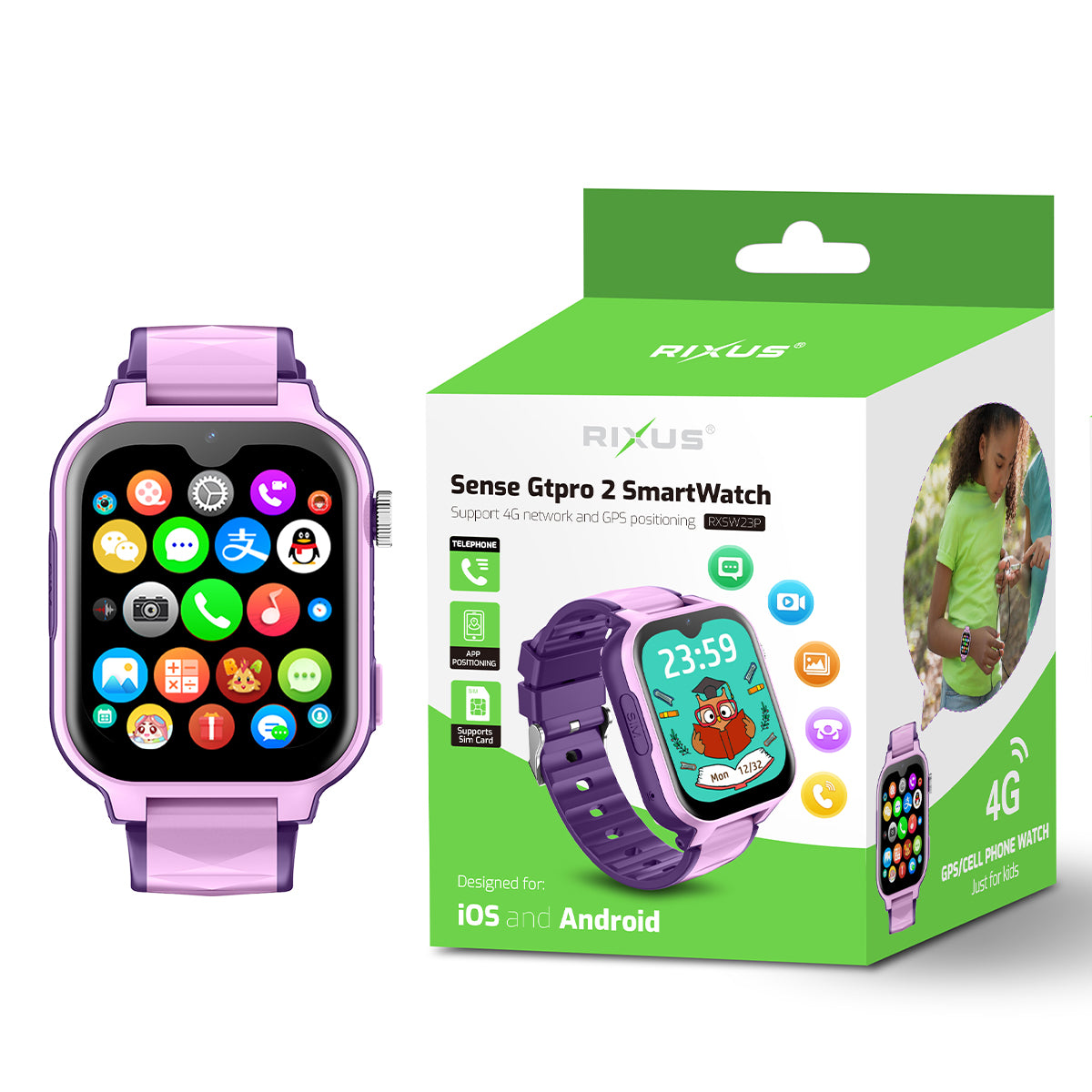 Rixus RXSW23P Sense Gtpro 2 SmartWatch com GPS e função de cartão SIM Roxo