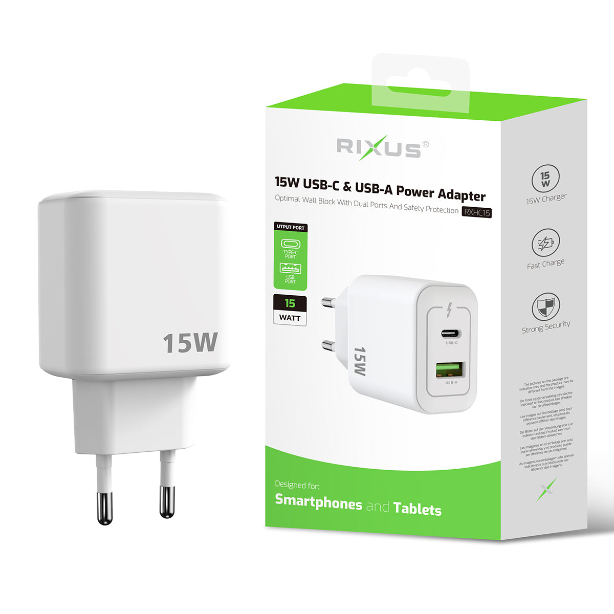 Adaptador de corrente Rixus RXHC15 USB-C, USB-A 15W Branco
