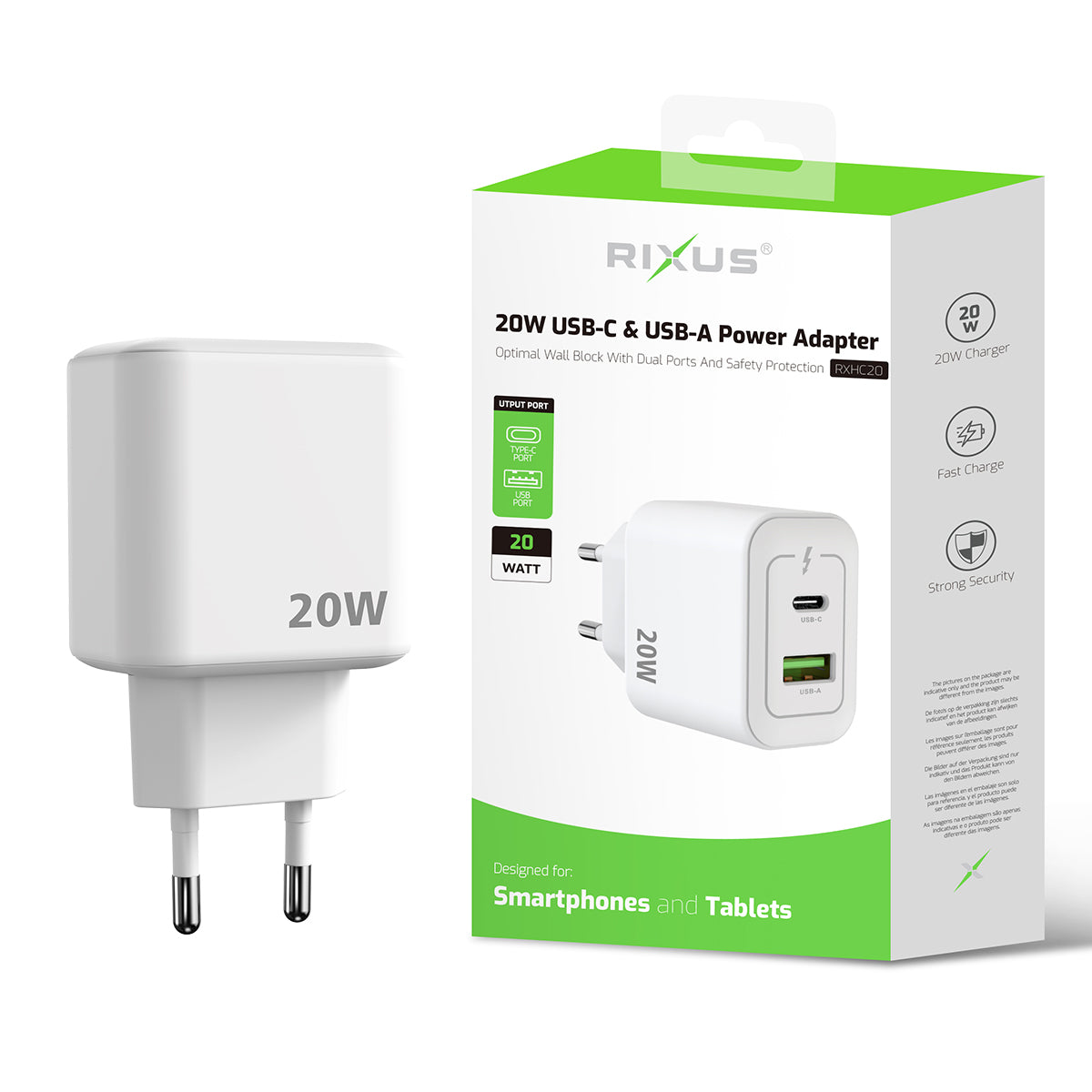 Rixus RXHC20 Adaptador de corrente USB-C, USB-A 20W Branco