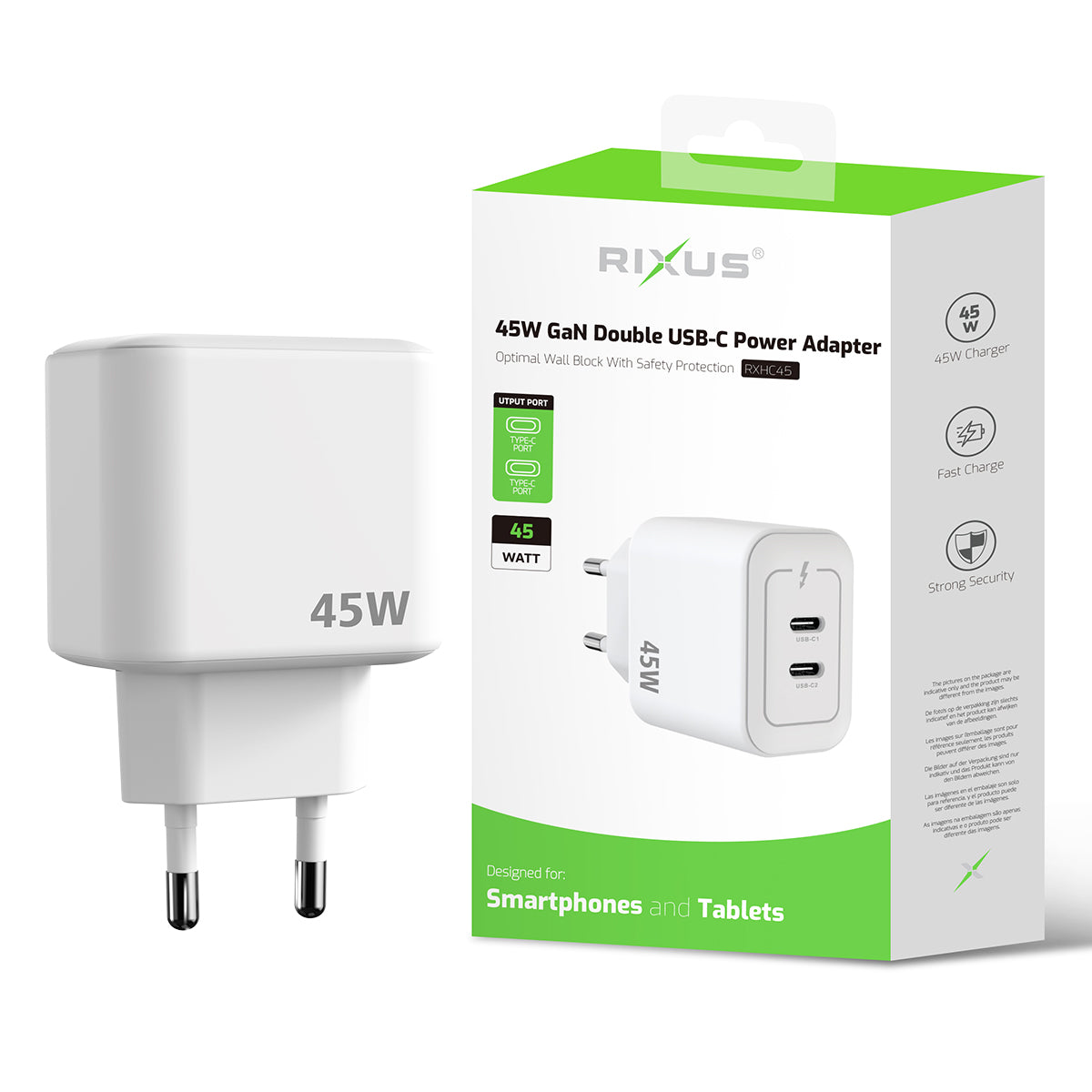 Rixus RXHC45 Adaptador de corrente duplo USB-C GaN 45W Branco