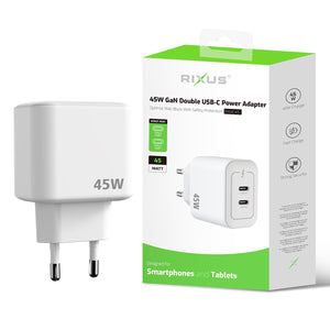 Rixus RXHC45 Adaptador de corrente duplo USB-C GaN 45W Branco
