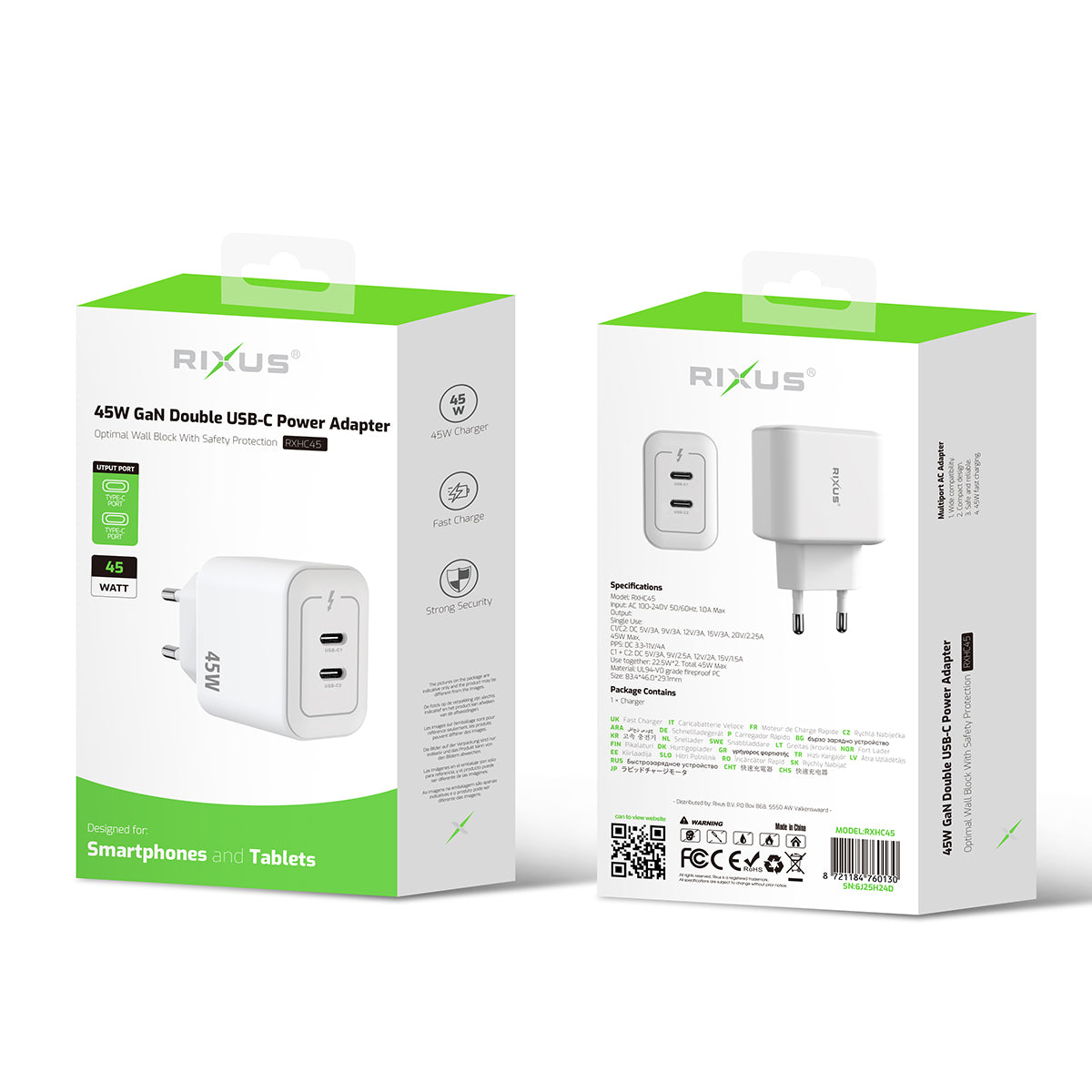 Rixus RXHC45 Adaptador de corrente duplo USB-C GaN 45W Branco