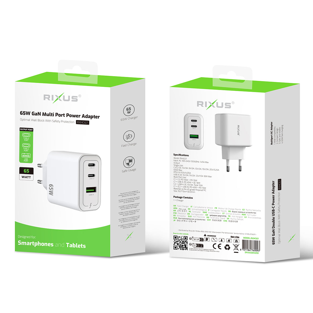 Adaptador de corrente multiporta Rixus RXHC67 GaN 65W Branco
