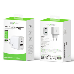 Adaptador de corrente multiporta Rixus RXHC67 GaN 65W Branco