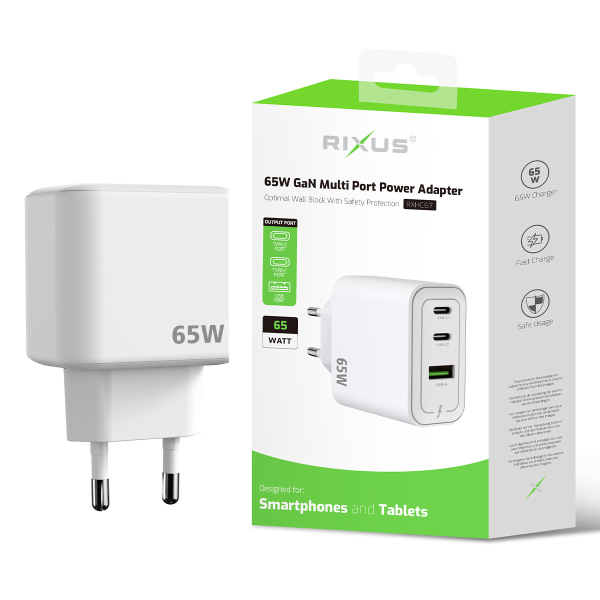 Adaptador de corrente multiporta Rixus RXHC67 GaN 65W Branco