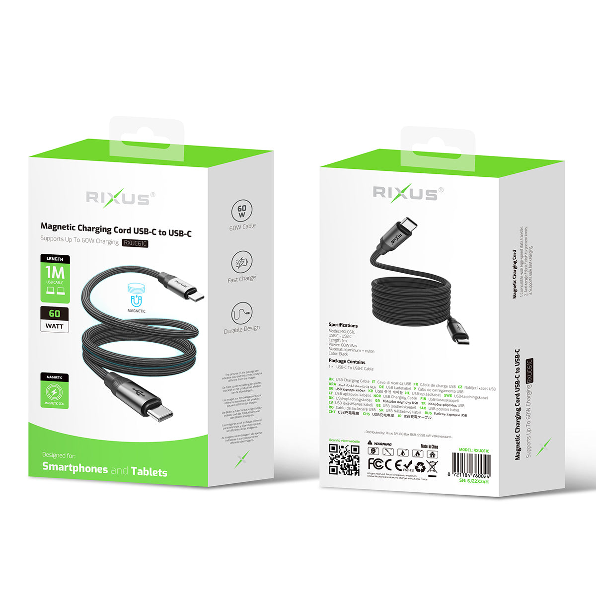 Rixus RXUC61C Cabo de carregamento magnético USB-C para USB-C 1m 60W Preto