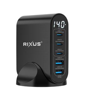 Adaptador de corrente GaN Rixus RX140 com ecrã digital 140W Preto