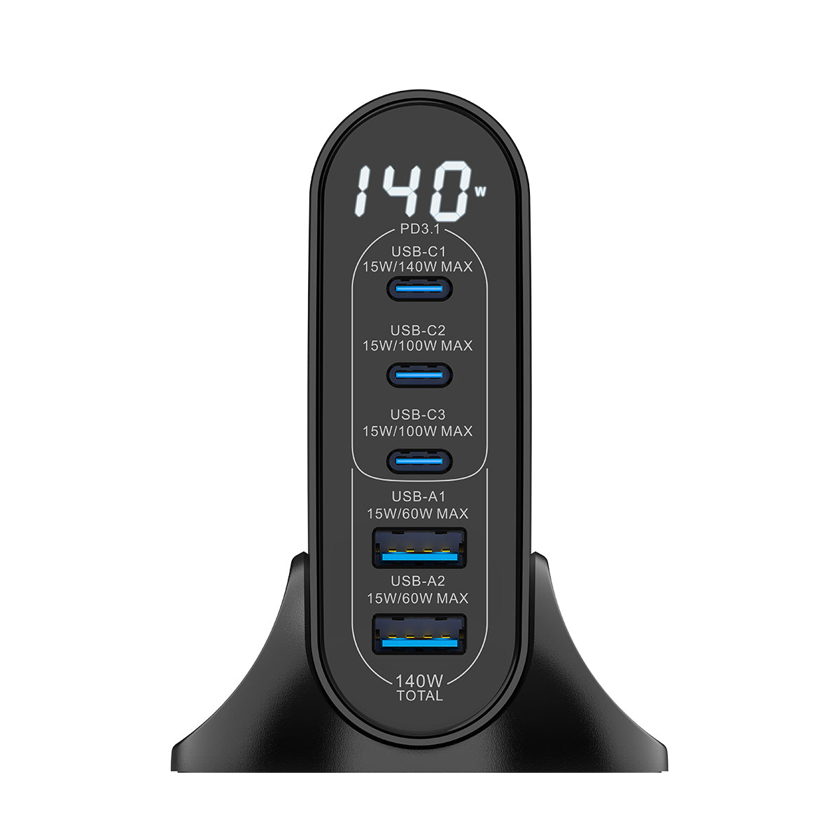 Adaptador de corrente GaN Rixus RX140 com ecrã digital 140W Preto