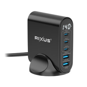 Adaptador de corrente GaN Rixus RX140 com ecrã digital 140W Preto