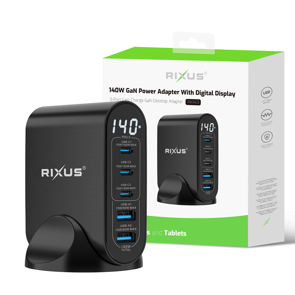 Adaptador de corrente GaN Rixus RX140 com ecrã digital 140W Preto