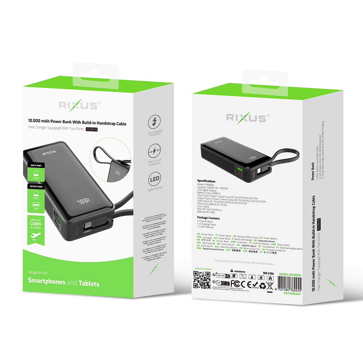 Rixus RXPB01B Power Bank 10000mAh com cabo de alça integrado Preto