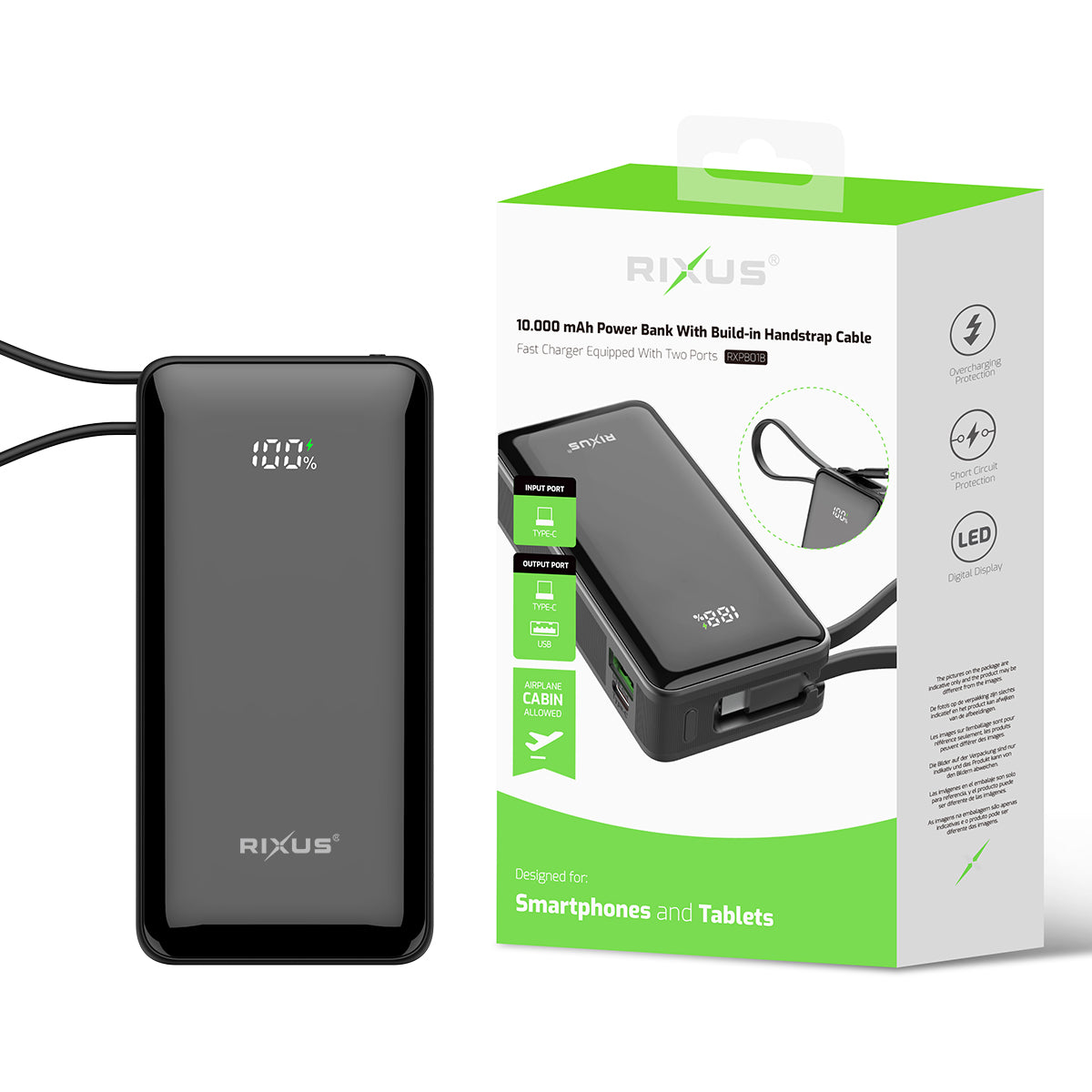 Rixus RXPB01B Power Bank 10000mAh com cabo de alça integrado Preto