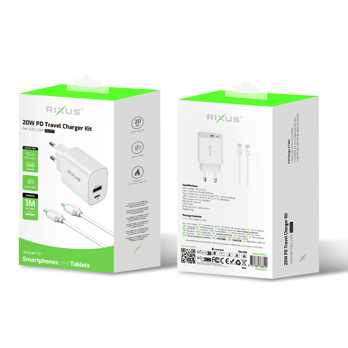 Adaptador Rixus RX90CC com cabo USB-C para USB-C 1m 20W Branco