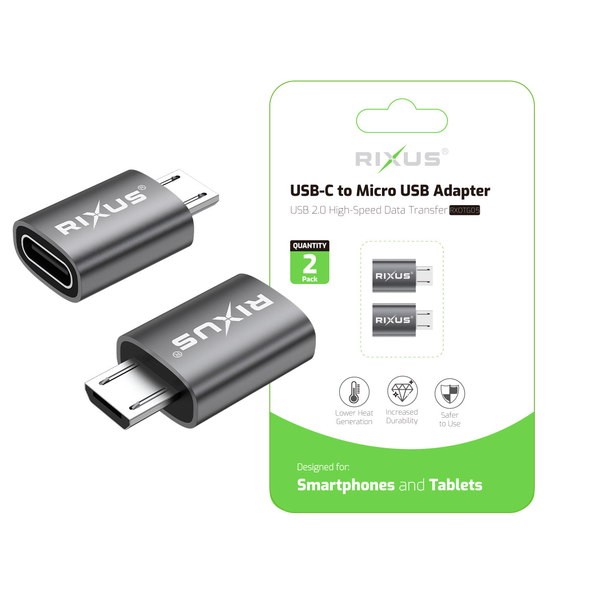 Rixus RXOTG05 Adaptador OTG de micro para USB-C cinzento espacial (embalagem com 2 unidades)