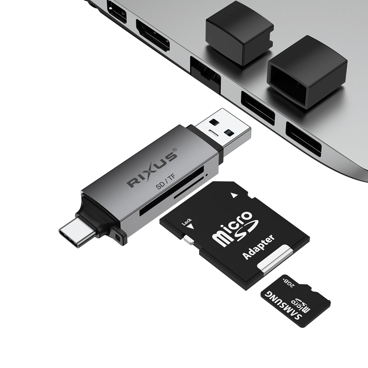 Rixus RXCR02 4 em 1 USB 3.0, USB-C para leitor de cartões SD/TF cinza espacial