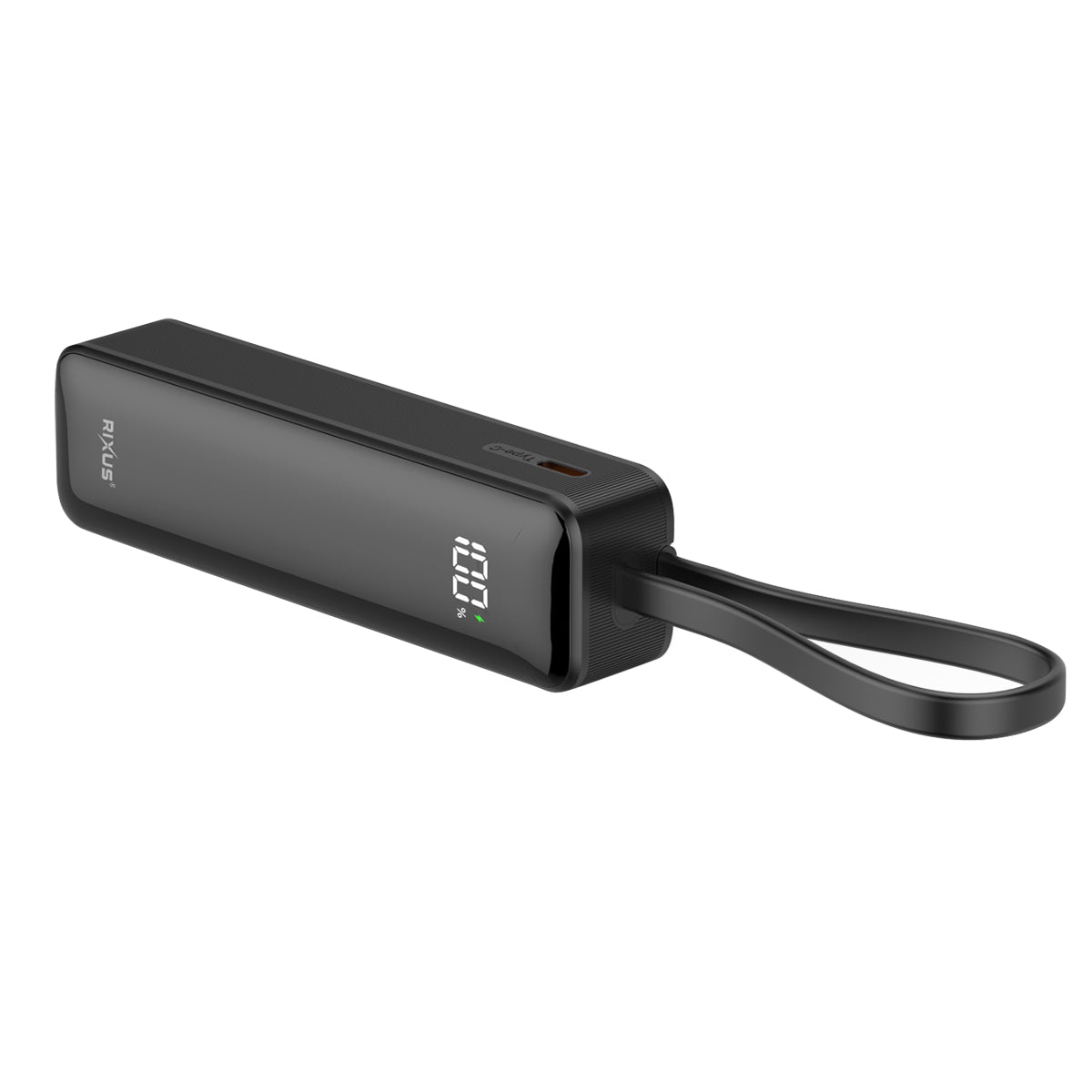Rixus RXPB03B Powerbank com ecrã digital 5000 mAh com cabo USB-C integrado Preto