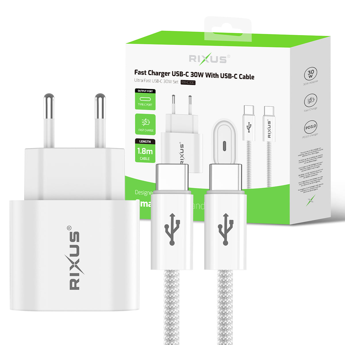 Carregador rápido Rixus RXHC30C Cabo USB-C para USB-C 1,8 m 30 W Branco