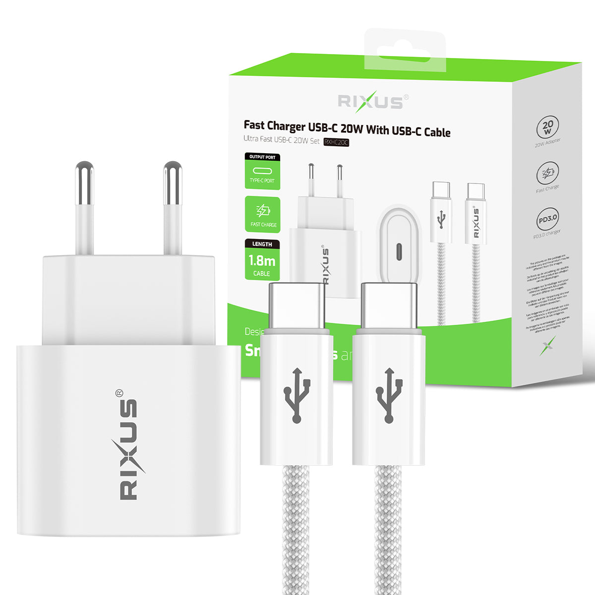 Carregador rápido Rixus RXHC20C Cabo USB-C para USB-C 1,8 m 20 W Branco