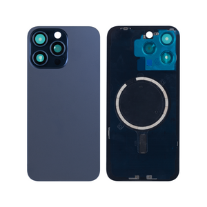 For Apple 15 Pro Back Glass sem NFC, moldura da câmara ampliada em titânio azul compatível