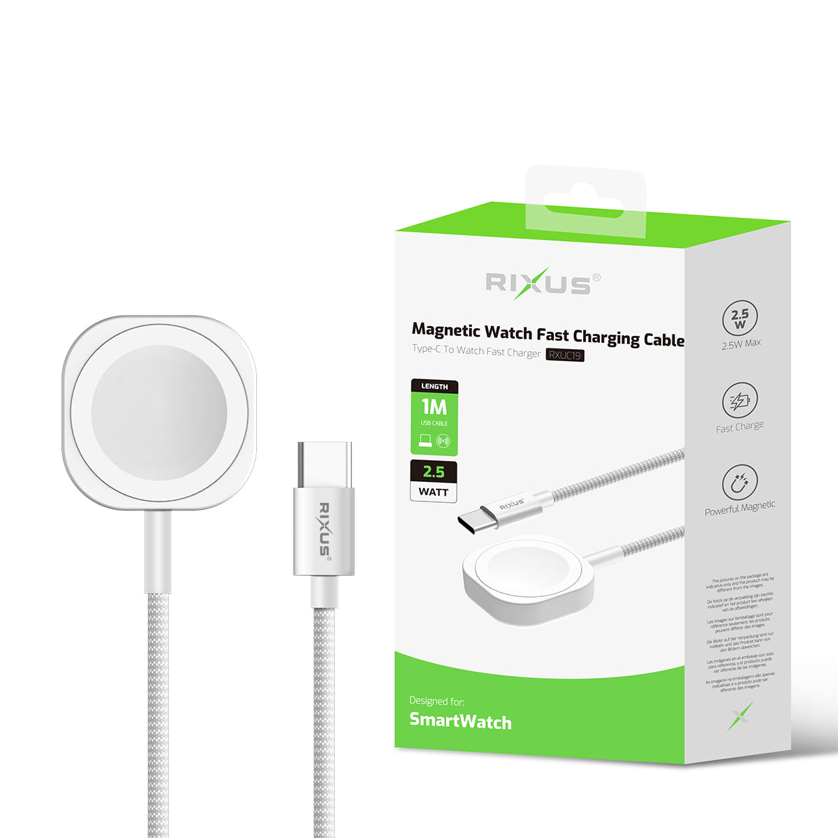 Cabo de carregamento rápido para relógio magnético Rixus RXUC19 1m Branco