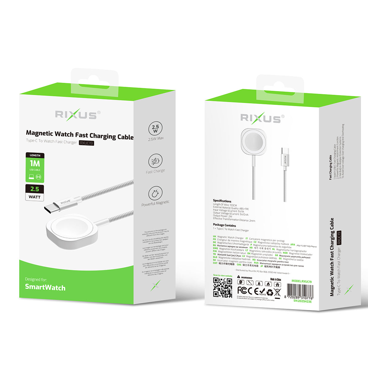 Cabo de carregamento rápido para relógio magnético Rixus RXUC19 1m Branco