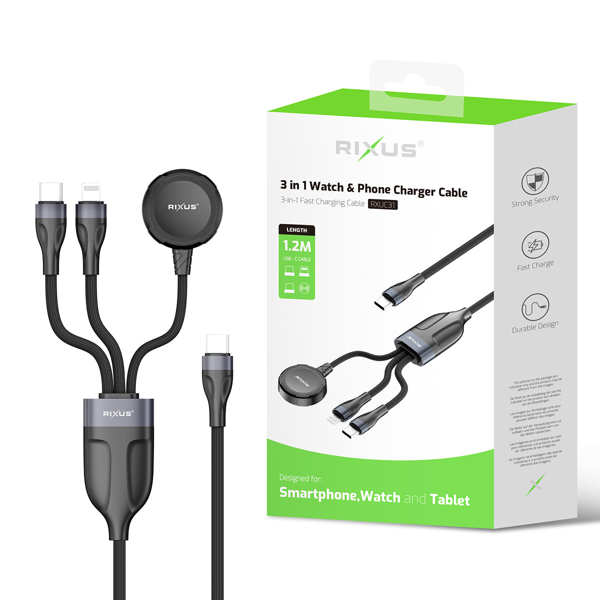 Rixus RXUC31 Cabo carregador de relógio e telemóvel 3 em 1 1,2 m preto