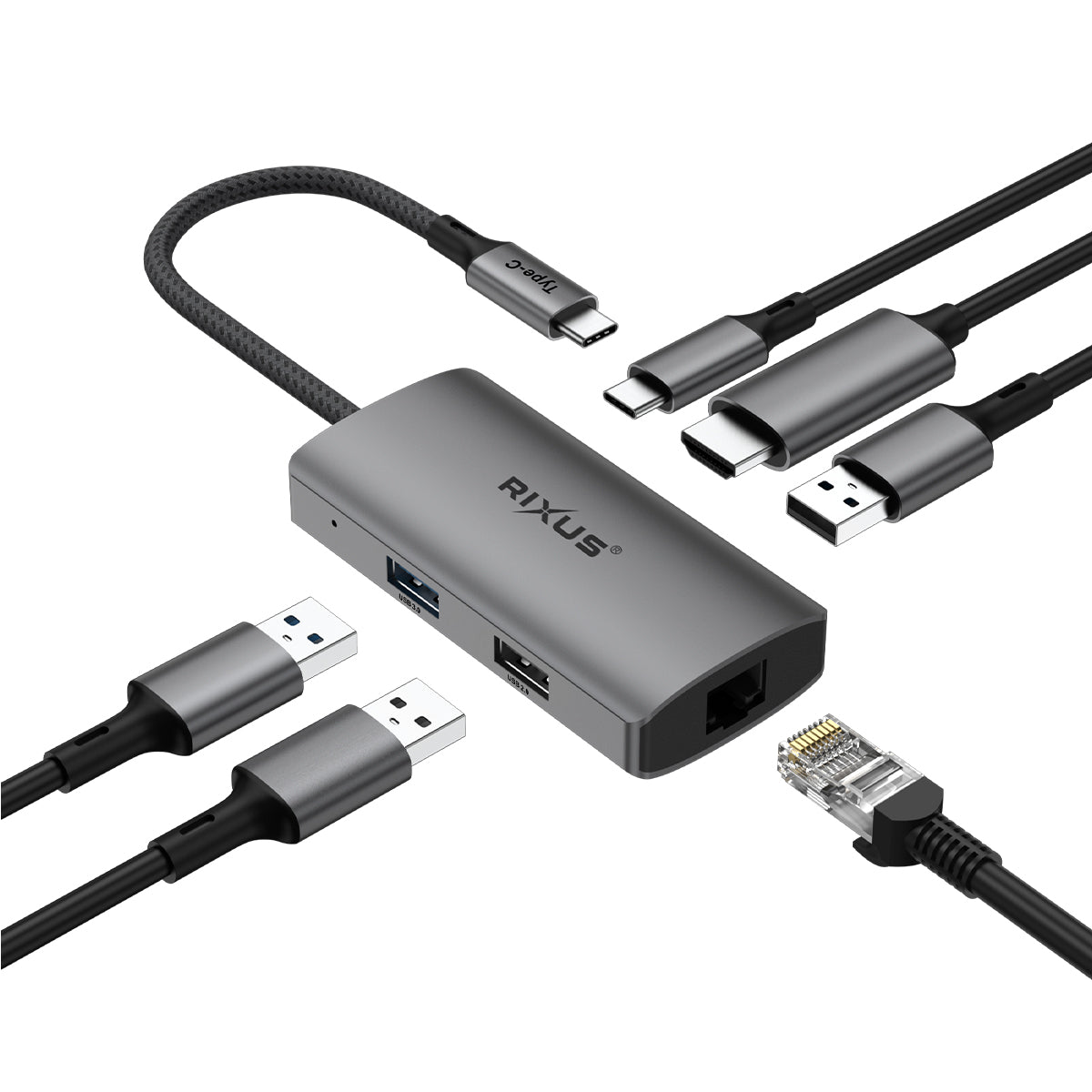 Rixus RXHU07 Adaptador USB-C para Ethernet HDMI com estação de ancoragem Cinzento