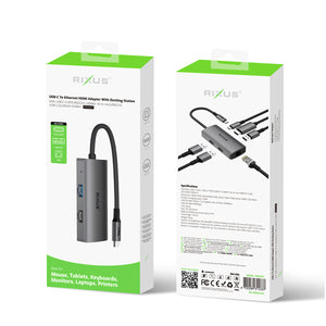 Rixus RXHU07 Adaptador USB-C para Ethernet HDMI com estação de ancoragem Cinzento