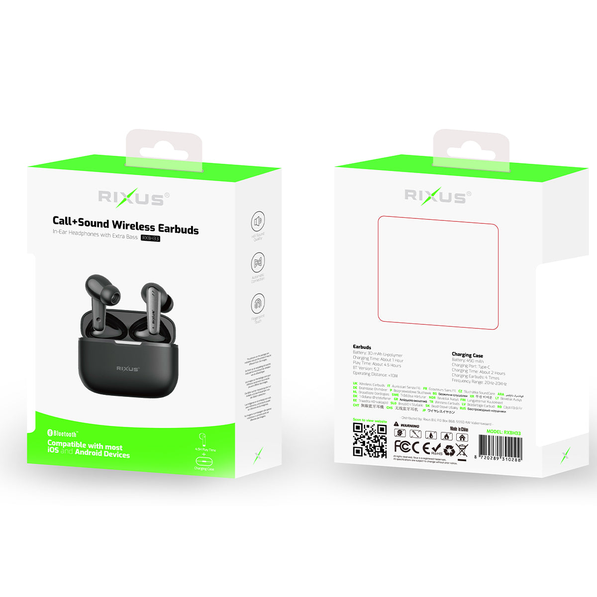 Rixus RXBH33 Auriculares com som HIFI Auriculares sem fios Preto