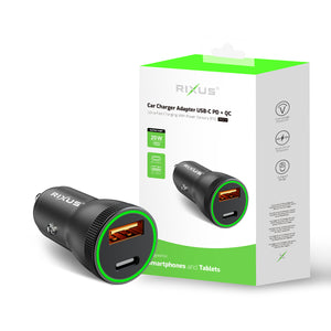 Carregador de isqueiro Rixus RXCC11 USB-C PD+QC 20W Preto