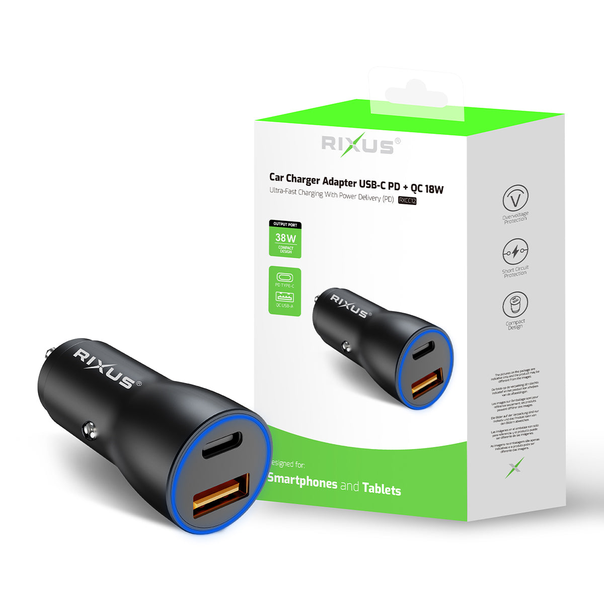 Carregador de automóvel Rixus RXCC12 USB-C PD+QC3.0 38W Preto