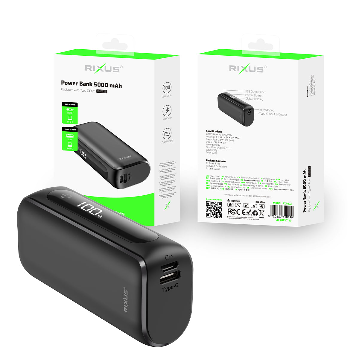 Rixus RXPB23 Powerbank compacto com ecrã digital 5000mAh Preto