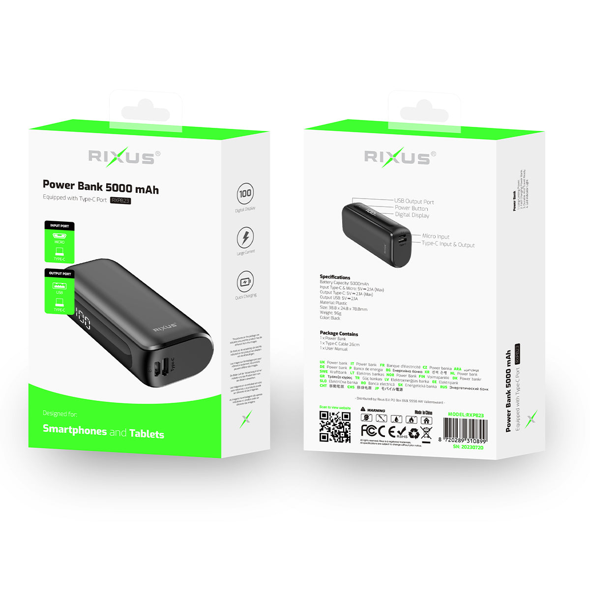 Rixus RXPB23 Powerbank compacto com ecrã digital 5000mAh Preto