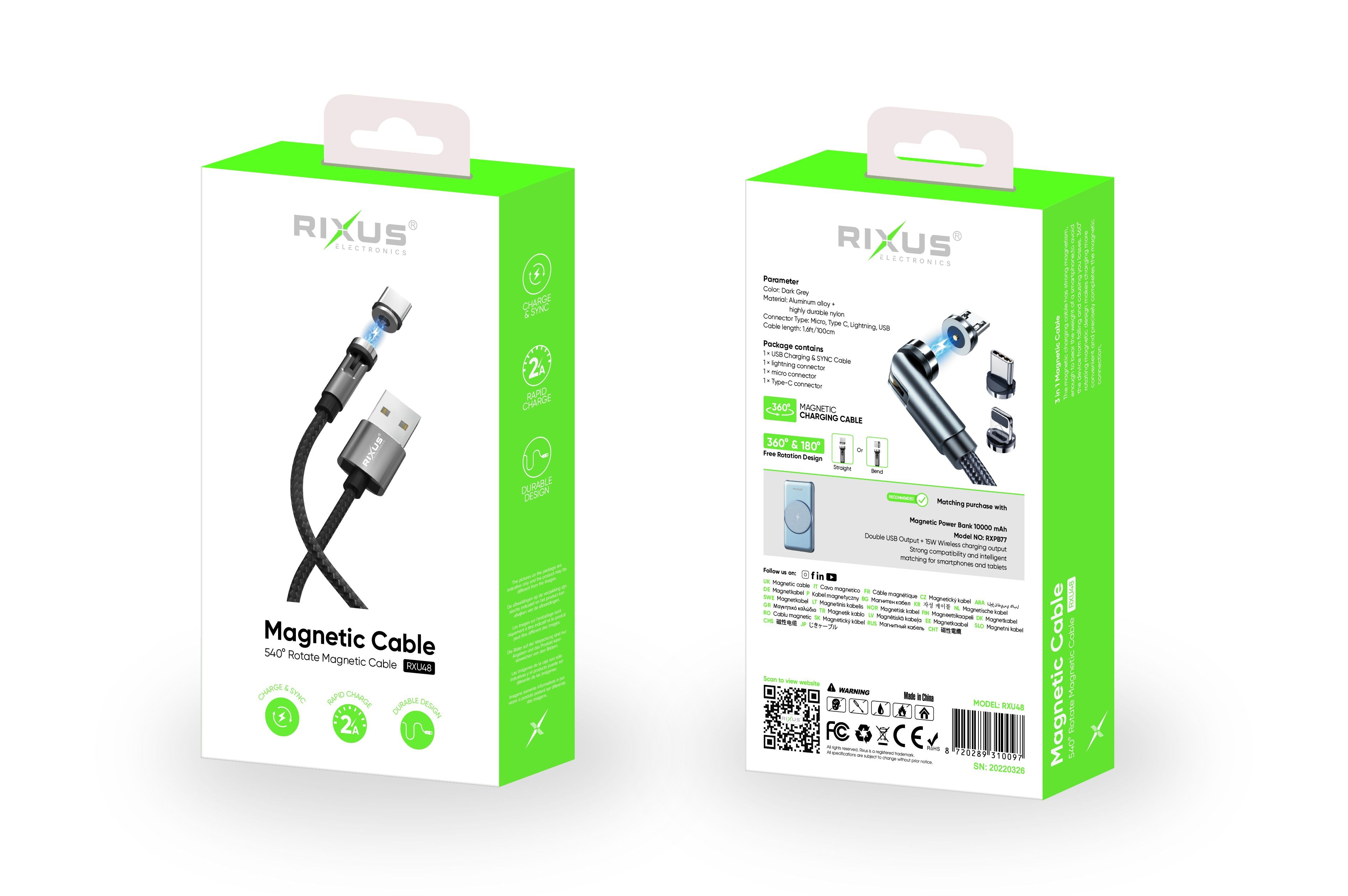 Rixus RXU48 Magnetic Cable 3 in 1 Black