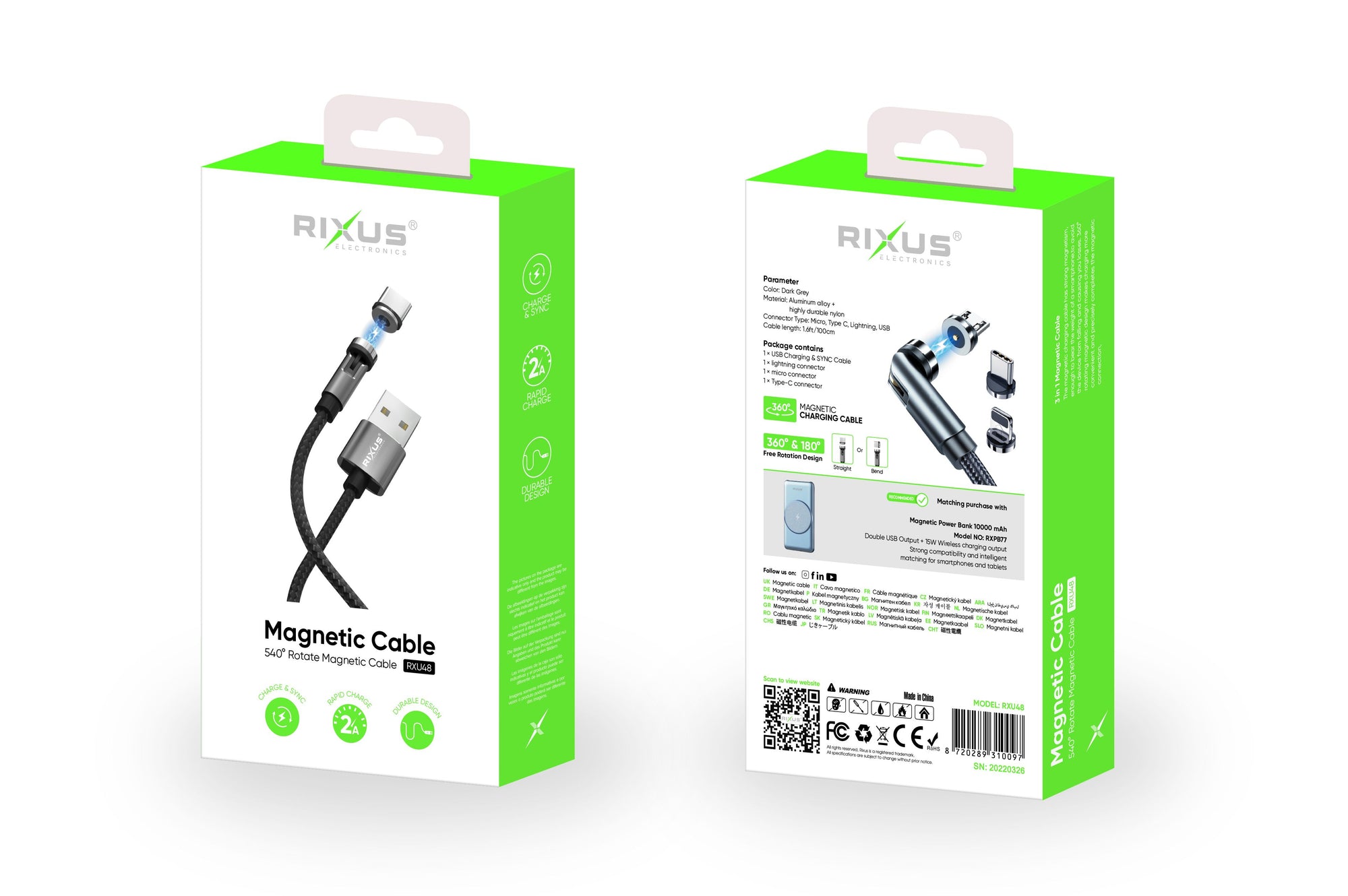 Rixus RXU48 Magnetic Cable 3 in 1 Black