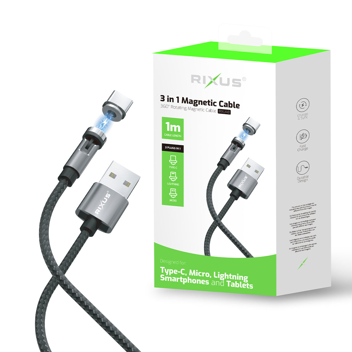 Rixus RXU48 Magnetic Cable 3 in 1 Black