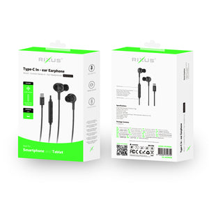 Rixus RXHD56C USB-C Wired Earbud With Microphone Black