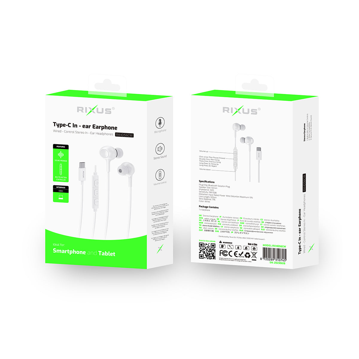 Rixus RXHD56CW USB-C Wired Earbud With Microphone White