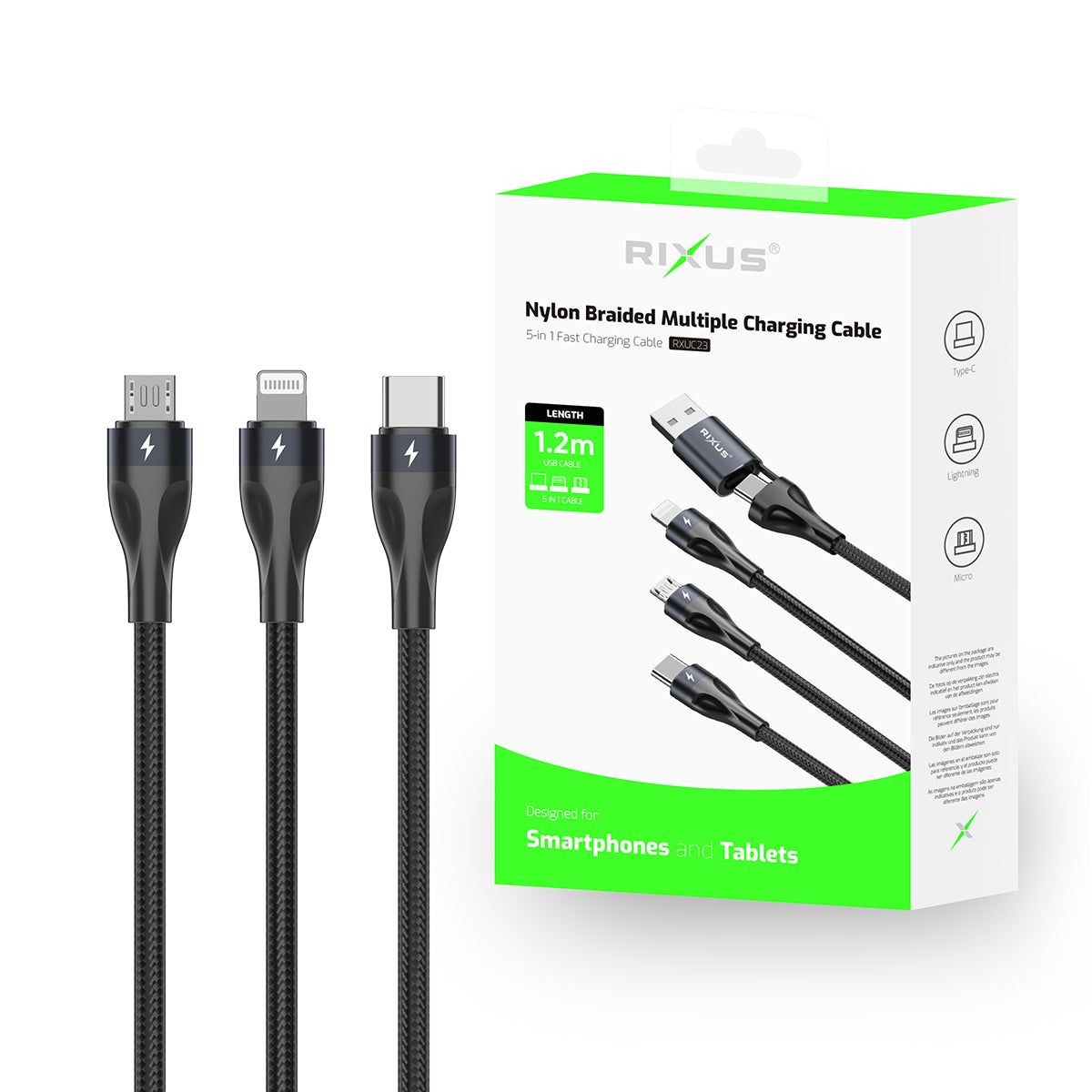Rixus RXUC23 Two-For-Three Fast Charging Cable Black