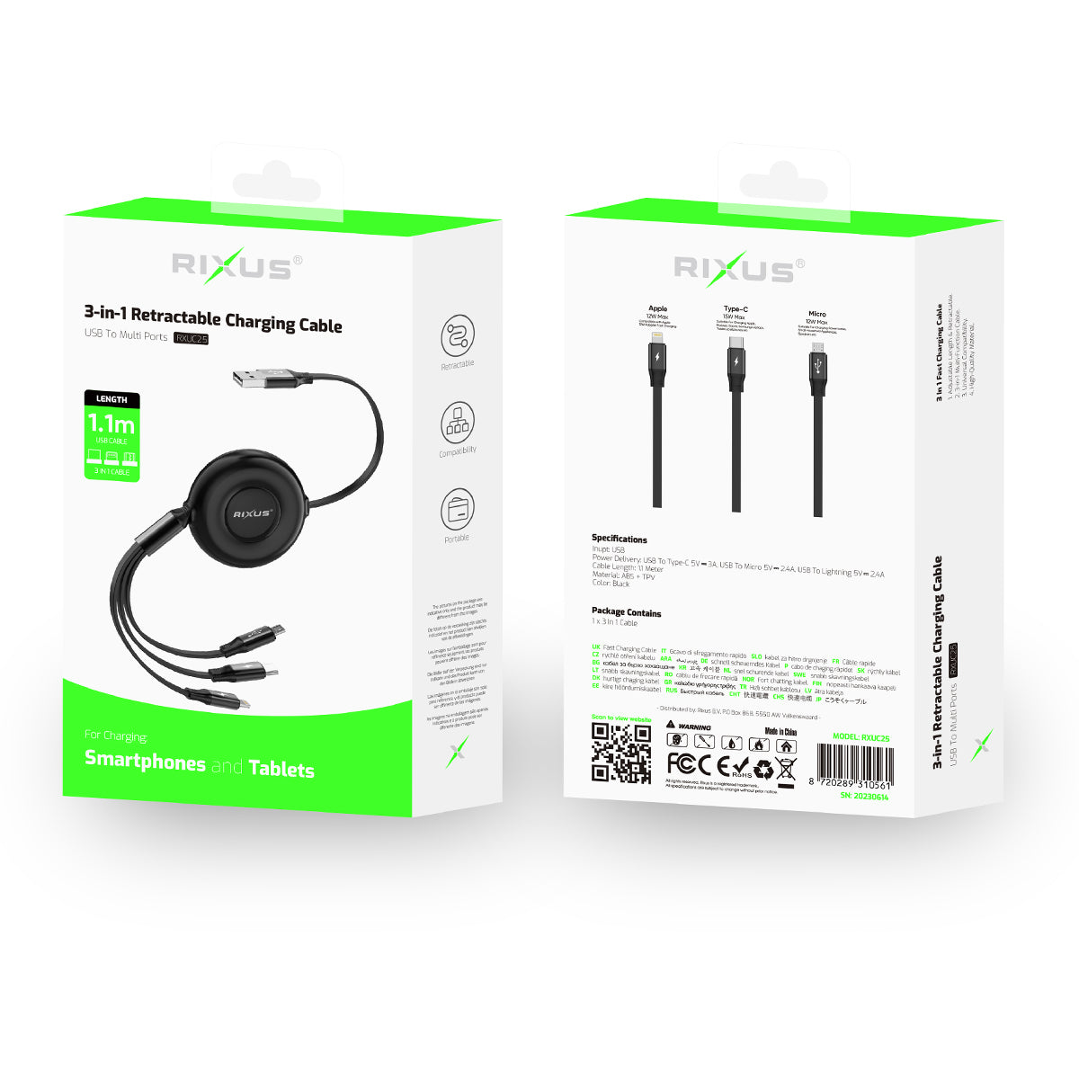 Rixus RXUC25 Multi Charging 3 In 1 Retractable Fast Charger Cable Black