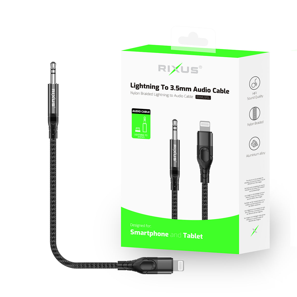 Rixus RXMU35L 3.5mm AUX To Lighting Braided Audio Cable 1.2m Black