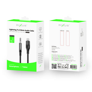 Rixus RXMU35L 3.5mm AUX To Lighting Braided Audio Cable 1.2m Black